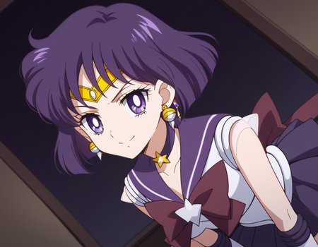 score_9, score_8_up, score_7_up, source_anime, <lora:hotaru-tomoe-eternal-movie1-ponyxl-lora-nochekaiser:1>, hotaru tomoe, purple eyes, short hair, purple hair, circlet,, brooch, choker, earrings, gloves, jewelry, magical girl, miniskirt, purple sailor collar, sailor collar, sailor senshi uniform, skirt, star choker, white gloves,, indoors, bent over, smile, looking at viewer, solo,, cowboy shot, dutch angle