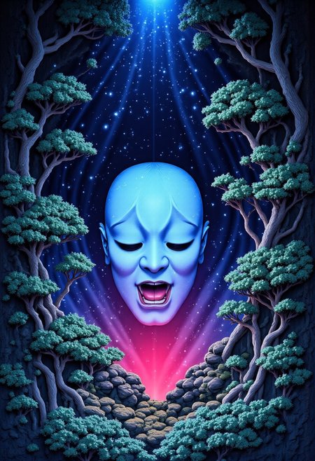high definition digital animation depicting a cursed no-face mask gdorn radiating an eerie cyan and magenta aura displayed in a liminal bonsai garden, Studio Ghibli Dark Fairytale