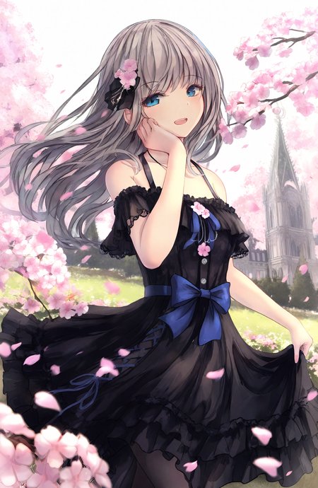 1girl, solo, long_hair, looking_at_viewer, smile, open_mouth, blue_eyes, hair_ornament, dress, bow, bare_shoulders, grey_hair, flower, :d, outdoors, frills, hair_flower, blurry, black_dress, petals, floating_hair, depth_of_field, frilled_dress, cherry_blossoms, pink_flower, hand_on_own_face, skirt_hold, hand_on_own_cheek