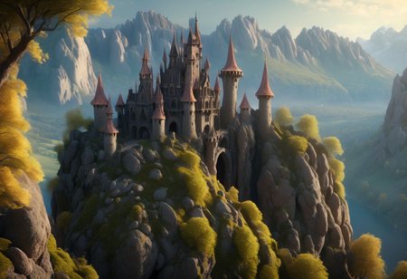 8K,  fairy tale castle in a (rock spire), mountain on background