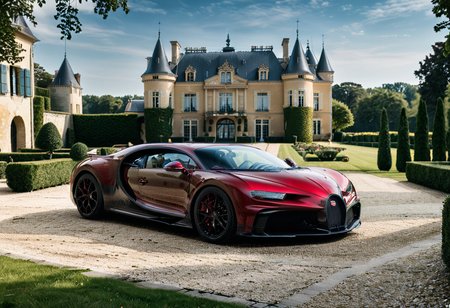 <lora:bugattich1r0n:1>,A ruby red, bugatti ch1r0n parked outdoors in front of a majestic French château. The car, with its glossy metallic blue exterior and sleek black accents, is perfectly positioned on a cobblestone driveway leading to the château. The château features classic French architecture with large arched windows, intricate stonework, and tall, elegant towers. The setting is bathed in soft golden sunlight, creating a warm and luxurious atmosphere. Surrounding the château are neatly trimmed gardens, fountains, and lush greenery, enhancing the sense of grandeur. The scene combines automotive excellence with historical elegance."
<lora:SDXLFaeTastic2400:0.4> <lora:extremely_detailed:0.4> extremely detailed, Masterpiece,best quality,hi res,8k,hi res,8k,award winning,(sharp focus, intricate, highly detailed),
