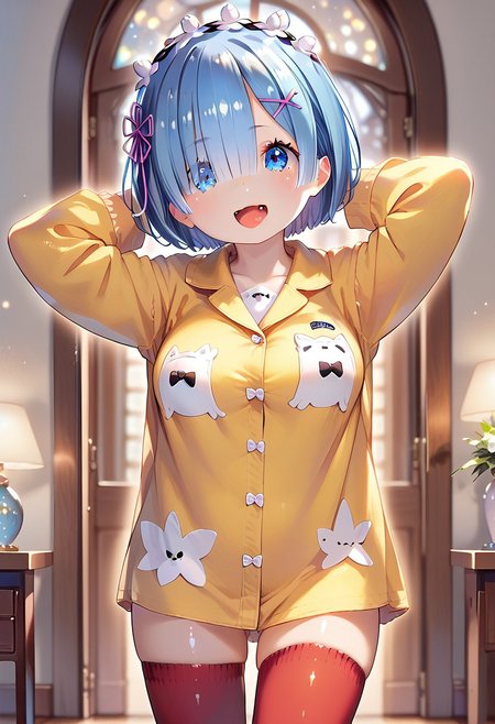 score_9,score_8_up,score_7_up, masterpiece, Henreader, 1girl, solo, source_anime, scenery, (mature woman:1.2), (wide thighs:1), (wide hips:1), (detailed eyes, high definition eyes,high gradient eyes,eyesHD), (best quality:1.4), a close up of a woman with colorful hair, anime girl with cosmic hair, rossdraws pastel vibrant, artwork in the style of guweiz, fantasy art style, colorful, vibrant fantasy style, cosmic and colorful, guweiz, colorfull digital fantasy art, stunning art style, beautiful anime style, shiny, shiny skin, (beautiful female), beautiful face, clear face, Shiny hair, (blue hair:1.2), (short hair:1.2), (blue eyes:1.2), mischiveous smile, provocative look, begging dog pose, two tender canine fangs in her open mouth,  Expressiveh, concept art, beautiful_female_fingers, perfect hands, detailed hands, beautiful hands, professional anime, (rem from re:zero:1.2), (rem:1.2), blue eyes, blue hair, hair ornament, hair over one eye, hair ribbon, short hair, x hair ornament, big breasts, perfect body, seductive girl, (standing, arms behind head), (looking at viewer), red thighhighs, pajamas, calpajamas