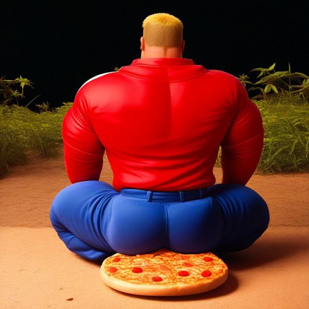 score_9, score_8_up, realistic, rating_questionable, bif, landscape with Rough Texture, simple, night, warlock outfit, 
<lora:Moritake_Style_PonySDXL-000005:1> Moritake
, muscular male, Blonde Hair, Short Hair, Beard, glossy skin, bara, mature, male, handsome, <lora:egg_leonard-04:.2>, <lora:style_Concept Art DarkSide Style LoRA_Pony XL v6:1><lora:slider_Body Type_alpha1.0_rank4_noxattn_last:2>, Lotus Position, Jacket, Bodybuilding, Massive Pectorals, Huge Biceps, Tall, Huge Thigs, Full Body, Eating Pizza, Pants, Solo, In a Dojo, Male Focus
