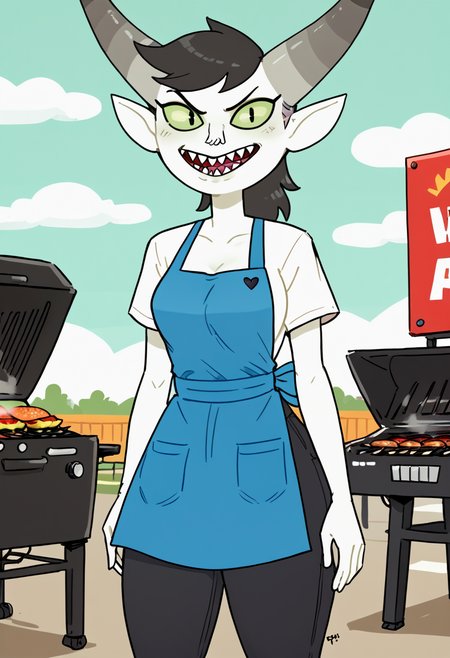 score_9, score_8_up, score_8,   <lora:Bandit_Princess_Adventure_Time_for_PonyXL:0.8> 1girl, horns, b4nd1tprinc3ss, horned humanoid, white skin, pointy ears, solo, black hair, green eyes, colored sclera, sharp teeth, backyard, apron, grill, pants, shirt,  outdoors