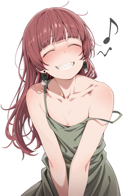 masterpiece, best quality, amazing quality,
 <lora:Eito_IL:1> eito, 1girl, solo, closed eyes, smile, simple background, green dress, long hair, white background, sharp teeth, blush, teeth, dress, musical note, bangs, strap slip, grin, blunt bangs, hiroi