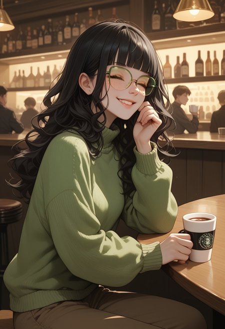 score_9, score_8_up, score_7_up, score_6_up, score_5_up, score_4_up, 1woman, Claudia, ClaudiaRH, long  black hair, wavy hair, blunt bangs, green eyes, big squared eyeglasses, small breasts, slim, pale skin, freckles, green sweater, brown pants, sitting, bar, holding a cup of coffee, crowded, smiling, closed mouth, closed eyes, looking up, happy, angled view,