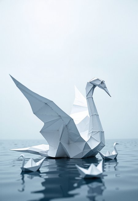 A massive origami crane made of delicate white paper, resting on a calm ocean surface. The crane's intricate folds are meticulously detailed, and its wings are slightly raised, as if it is about to take flight. The ocean around the crane is serene, with gentle ripples extending from where the crane touches the water. The sky above is overcast, with a soft, diffused light filtering through the clouds. Small paper boats float around the crane, adding to the peaceful and surreal atmosphere. The overall scene is minimalist, with a focus on the harmony between the paper and the natural elements.    <lora:FluxMythP0rtr4itStyle:0.8> MythP0rt, <lora:aidmaImageUpgrader-FLUX-V0.1:0.33> detailmaximizer,