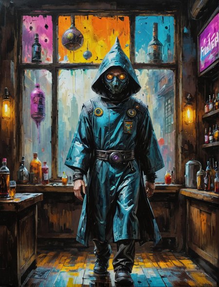 Oil painting of a oil painting of a futuristic wizard, walking, cyberpunk bar, large window background, hyper realistic, super detailed, Science Fiction, tb, <lora:ThickBrush:0.5> <lora:drkkaw_epoch_10:0.5>