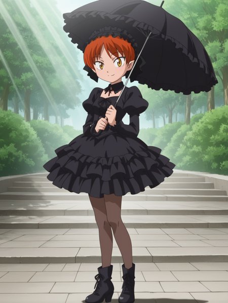 masterpiece, best quality, amazing quality, detailed background, perfect eyes, anime screenshot, anime coloring, 2000s \(style\), 1girl, solo, nekomusume (gegege no kitaro 5), red hair, short hair, yellow eyes, small breasts, gothic fashion, frilled headband, black dress, long puffy sleeves, frills, pantyhose, ankle boots, holding frilled umbrella, looking at viewer, smile, (outdoors, sunbeam),