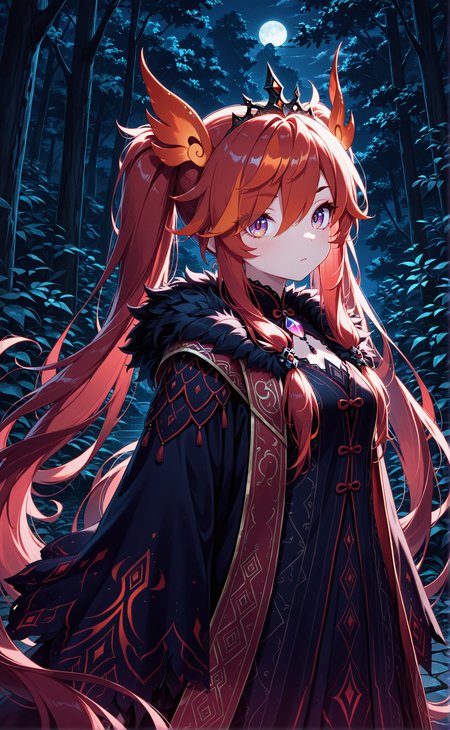 masterpiece, best quality, amazing quality, 1girl, solo, red hair, long hair, detailed eyes, multicolored eyes, dark purple eyes, eyebrows, eyelashes, twintails, hairpin, (tiara:1.1), eyes visible through hair, fenghuang robe, outside, night, nature, scenery, intricate details, dark shadows, <lora:DarkerThanDarkIllustriousV1:0.2> <lora:spo_sdxl_10ep_4k-data_lora_webui:3.0>