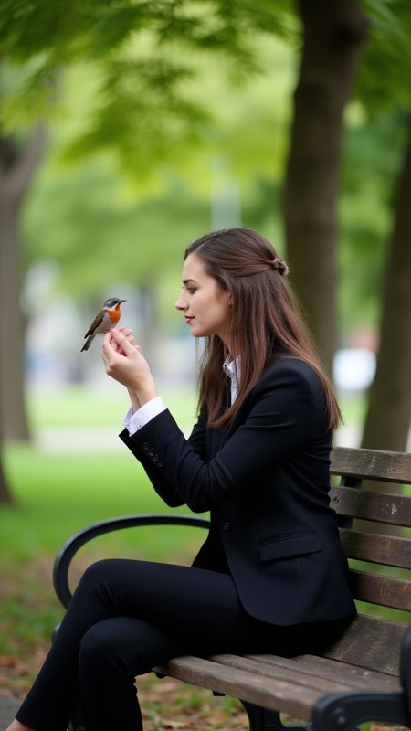 A woman with long brown hair sits on a bench in the middle of a park, her eyes fixed on a small bird perched on a nearby tree branch. dressed in business casual, Semi-formal, tailored, smart, professional, detailmaximizer, Bokehmachine