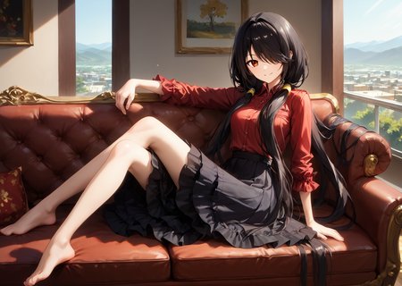 score_9, score_8_up, score_7_up, score_6_up, score_5_up, score_4_up, , scenery, masterpiece,  best quality, very aesthetic,, 
,  looking at viewer, laying, modeling on sofa,  <lora:Kurumi_Tokisaki:0.8> black hair, red eye, long hair, twintails, hair over one eye, yellow eye, heterochromia, clock eye, red shirt, plated skirt, black shirt, sitting, smiling,legs kicking,