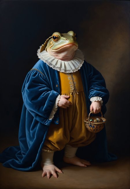 Rembrandt realistic oil painting, retro artstyle, score_9, score_8_up, score_9_up, very detailed, ultra realistic, (best quality) full body, very detailed masterpiece, portrait of an amphibian-like alien creature in medieval environment, red and blue velvet, very dark background, baroque style, very dramatic lighting, much shadow, rembrandt style vermeer style full body, realistic realistic, realism, photo realistic oil painting, photo realistic painting 