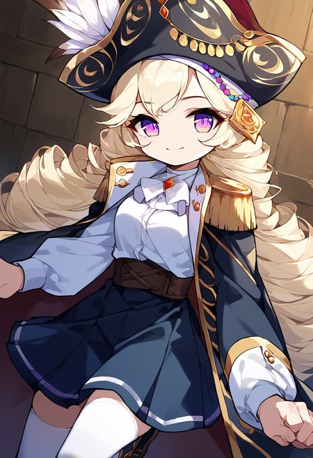 score_9,score_8_up,score_7_up,source_anime,zPDXL3,
*//*,<lora:Captain_Pony:1>,captain_new,1girl,solo,long hair,twintails,twin drills,blonde hair,bangs,purple eyes,white shirt,pirate hat,hat feather,black skirt,boots,white thighhighs,coat,epaulettes,long sleeves,light smile,
*//*,looking at viewer,cowboy shot,dutch angle,dynamic pose,