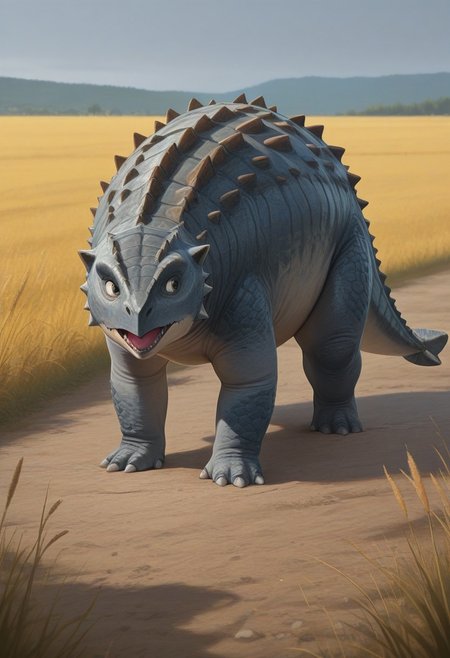 best quality, masterpiece, amazing quality, very aesthetic, absurdres, 
full body, 
1boy, 
no humans, solo, 
ankylosaurus, 
feral, 
colored skin, grey skin, countershading, white belly, 
looking to the side, 
outdoors, field