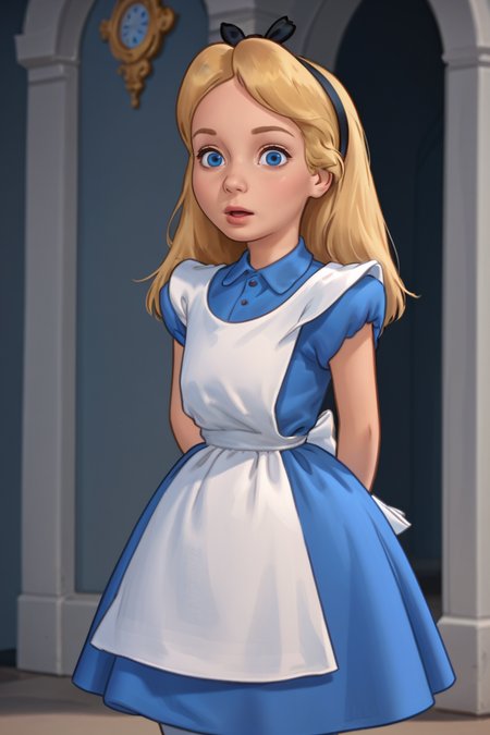 score_9,score_8_up,score_7_up,
 <lora:Alice_V2:0.9> alicewonder,
1girl, solo, pretty, blonde hair, blue eyes, female child, black hairband, blue dress, white apron, chibi, shocked, looking at viewer, hands behind back,
 <lora:SummertimeSagaXL_Pony:0.6> summertime saga,