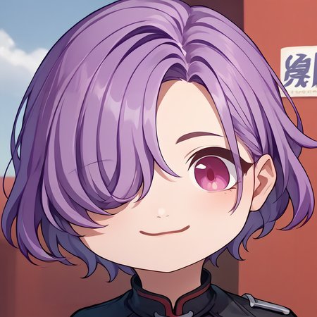 score_9, score_8_up, score_7_up, source_anime, solo, 1girl, erinap5t, mutsukiface, chibi, portrait, smile, closed mouth, close-up, short hair, hair over one eye, purple hair, black jacket <lora:meme_mutsukiface_ponyXL:1> <lora:zs_ErinaXL:1>