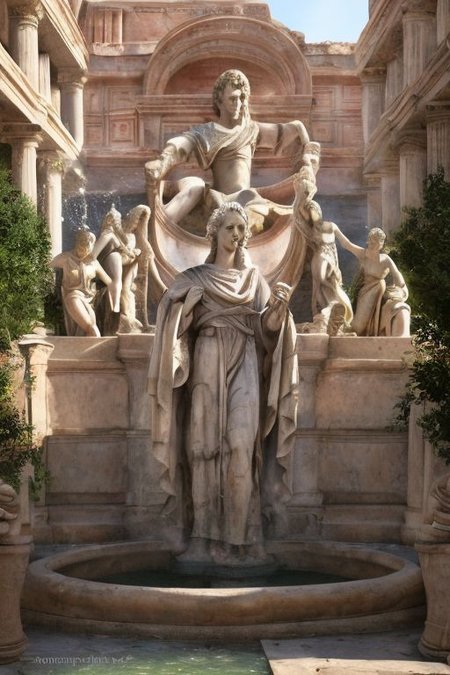 (masterpiece:1.2), (best quality,:1.2), 8k, HDR, ultra detailed, ((photorealistic)), professional light, cinematic lighting, fashion photography, ambient lighting, face lighting, , Fantasy picture, OverallDetail, large ancient roman with a fountain and one statue in the center, RomInt, epiCPhoto,
 <lora:RomanInterior:1>