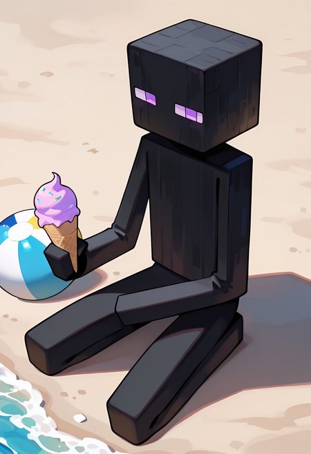 masterpiece, best quality, amazing quality, very aesthetic, absurdres, newest, , detailed background, 
klskx
enderman, no humans, purple eyes, rectangle eyes, , solo, male focus, black skin, no mouth, square head, square body, black head , pokemon (creature), 
sitting on beach, bucket hat, on knees, sand, beach ball, beach hat, holding ice-cream, looking at viewer,
