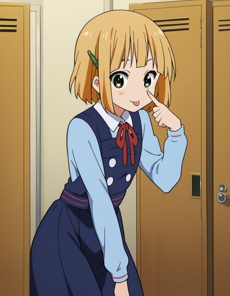 score_9, score_8_up, score_7_up, source_anime, <lora:midori-tokiwa-s1-ponyxl-lora-nochekaiser:1>, midori tokiwa, short hair, blonde hair, hair ornament, green eyes, hairclip,, school uniform, pinafore dress, ribbon, red ribbon, long sleeves, blue dress, buttons, long skirt,, changing room, lockers, benches, clothes, privacy, smile, <lora:akanbe-ponyxl-lora-nochekaiser:1>, akanbe, eyelid pull, finger to eye, tongue out, :p, tongue, ;p, blush, leaning forward, bent over, from side,, looking at viewer, solo,, dutch angle, cowboy shot