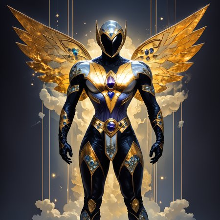 core_9, score_8_up, score_7_up,  <lora:Art_DecoPony:1> ArsMJStyle, Art Deco, Art Deco-inspired superhero, costume incorporating geometric patterns and metallic elements. Backdrop of stylized city skyline, dynamic pose emphasizing strong silhouette. Ray gun with chrome finish, helmet with wings motif. Comic book cover layout with bold typography, color scheme of gold, silver, and deep jewel tones.