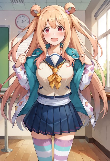 score_9, score_7_up, hd, (ultra hd quality details), source_anime, indoors,
solo, 1girl, rlhatsune, pink eyes, star hair ornament, hair rings, two-side up, large breasts, 
school uniform, serafuku, multicolored jacket, print jacket, long sleeves, open jacket, blue skirt, pleated skirt, multicolored thighhighs, striped thighhighs,
smile, blush, looking at viewer, wavy mouth, open mouth, embarrassed, 
standing, foreshortening, 
<lora:_hatsune_pcr-elesico-pony:0.9>