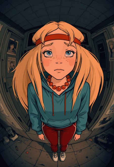 absurdres, high quality, masterpiece, very awa,  8k, absurd res,  <lora:Alyonushka:1> alyanushka, alyonka, 1girl, necklace, blue eyes, jewelry, long hair, solo, blonde hair, freckles, headband, bead necklace, beads, pearl necklace, blush , sport wear, sport hoodie, sport pants,    <lora:Fish_eye_view:0.7> Fisheye View,  <lora:nikifilini:1> nikifilini, blood, dark theme, poster art, albom cover
