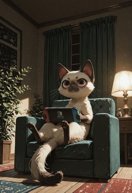 masterpiece, newest, absurdres, incredibly absurdres, best quality, amazing quality, very aesthetic, newest, no lineart, no outline, scenery,  (chiaroscuro), no humans, animal, Siamese cat, big eyes, whiskers, paws, solo, animal focus, reclining, armchair, window, closed curtains, playing games, grumpy, looking at viewer, holding nintendo switch,  (dark room), living room, decorative plants, lamp, warm light, shadows, cowboy shot, usnr, S4bit4mago_illu