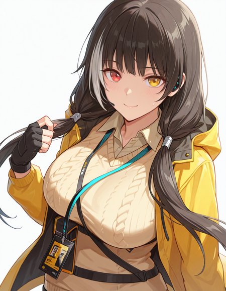 Volumetric Lighting, (masterpiece), (best quality), (ultra-detailed), masterpiece, source_anime, score_9, score_8_up, score_7_up BREAK, illustration, disheveled hair, detailed eyes, perfect composition, moist skin, intricate details, detailed eyes, detailed face, detailed fingers BREAK, ro635, heterochromia, red eye, yellow eye, black hair, low twintails, streaked hair, white hair, large breast BREAK, ROdef, def_collared_shirt, def_sweater_vest, def_earpiece, def_lanyard, def_id_card, def_id_card, def_fingerless_gloves, low twintails, def_hooded_jacket, def_belts_pouch,BREAK, ((white background)), looking at viewer, standing, shadow, smile, face focused