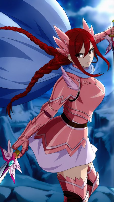 masterpiece, best quality, very aesthetic, absurdres, BREAK, 1girl, looking back, cowboy shot, from behind,
<lora:Armadura_Erza_Illu_Dwnsty:0.9>, erz_armadura, brown eyes, red hair, long hair, twin braids, hair between eyes, pink armor, gauntlets, breastplate, shoulder armor, white cape, zettai ryouiki, thigh boots, armored dress, feathers, belt,
large breasts, lips, serious, holding weapon, dual wielding, fighting stance, dynamic pose, holding sword, 
outdoors, storm, cloudy sky, wind, night, landscape, cliff, hill, mountain, winter,