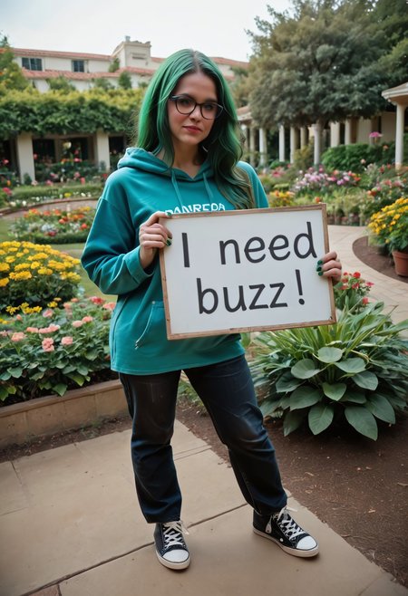 safe_pos, Stable_Yogis_PDXL_Positives, need_buzz, holding sign, Best quality, 1girl, 20 years old, European, slim body, wide hips, small glasses, small breasts, green hair, long hair, very pale skin, white skin, sunny day, garden, confident, thinking, full body visible, converse shoes, green nail polish, oversized dark-blue hoodie, koifish on hoodie, black pants, jeans
