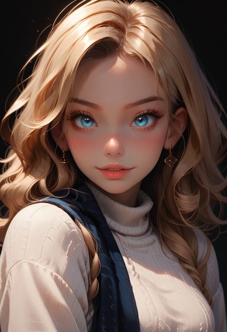score_9, score_8_up, score_7_up, score_6_up, 
1girl, 18yr old Alice in wonderland, perfect face, cute, petite,
Blue eyes, 
Blonde long hair, ringlets, blue glowing scarf, 
white sweater, long sweater, long sleeves,
Blue layered skirt, 
white thighhighs, 
Close up, smiling
night, dark