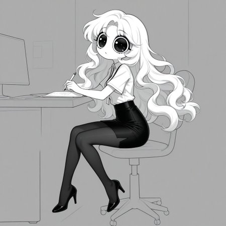 Xiaro, 1girl, solo, monochrome, big eyes, long wavy white hair, white short-sleeved office shirt, black skirt, black pantyhose, black heels
Xiaro sitting in an office while writing