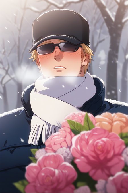 score_9, score_8_up, score_7_up, source_anime, rating_questionable, realistic shading, natural lighting, snowing, snow, winter theme, breath, holding pink flower bouquet, male focus, looking away, shy, expressive face, stillkof, black_stillkof_hat, blonde_stillkof_short hair, black_stillkof_sunglasses, parted lips, covered mouth, 1boy, blush, shiny skin, winter clothes, white scarf, jacket, outdoors, tree, romantic, intricately detailed illustration, depth of field, atmospheric perspective, masterpiece, best quality, amazing quality, very aesthetic, absurdres, newest,, anime screencap