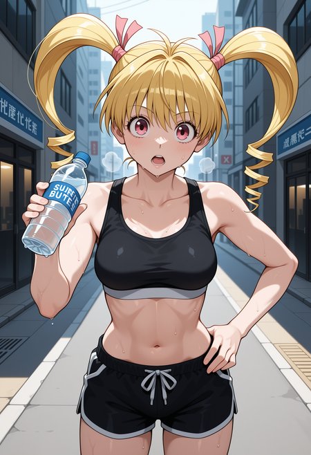 1girl, solo, pink eyes, blonde hair, long hair, twin drills, hair ribbon, pink ribbon,  looking at viewer,  hunter x hunter, 
black sports bra, black shorts, linea alba, sweat, hand on hip, holding bottle, water bottle, outdoors, street, city, looking at viewer, open mouth, heavy breathing, cowboy shot,
,masterpiece,best quality,amazing quality,
<lora:NoobV065sHyperDmd:.5> <lora:bisky_meipaws:1>