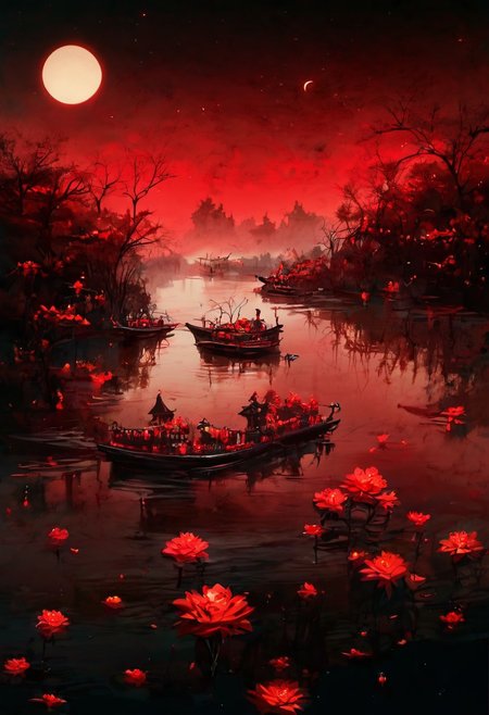 score_9,score_8_up,score_7_up,8k,,ruanyi0699,fog,night,red sky,reflection,red theme,flower,<lora:0699 Wangchuan River_v1_pony:1> red moon,