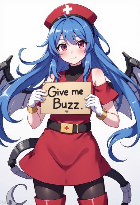 score_4,score_5,score_6,score_7_up,score_8_up,score_9 ((masterpiece,best quality,ultra detailed,highres,HD,4k:1.2)), 1 girl,solo,face focus, ayanami_rei,rei ayanami, blue hair, ((long hair, Messy Hair,head gear, :1.2)),red eyes, Red nurse uniform, red nurse cap, bare shoulders, black turtleneck,coverd navel,white gloves,Black tights, red knee-high boots, wings,energy wings,mechanical wings, 
(("Give me Buzz.",Beggars Borad,Holding a sign, holding a sign that says, "Give me Buzz."))
closed mouth, blush, looking at viewer, light smile,