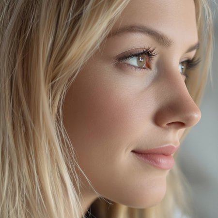 "Side profile close-up  of  blond white Russian woman, blonde hair framing her face, brown eyes locked on the camera, sharp nose,  subtle smile on  soft pink lips straight ahead in a calm expression,, (hyperrealistic:1.3), (photorealistic:1.2), cinematic lighting, ultra-detailed facial features.” straight ahead in a calm expression, (hyperrealistic:1.3), 8k resolution, high dynamic range, intricate face details.”