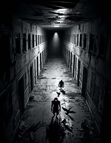 score_9, score_8_up, score_7_up, horrorcctvlora, monochrome, greyscale, dark, abandoned hallway, alien, glowing eyes, bird view