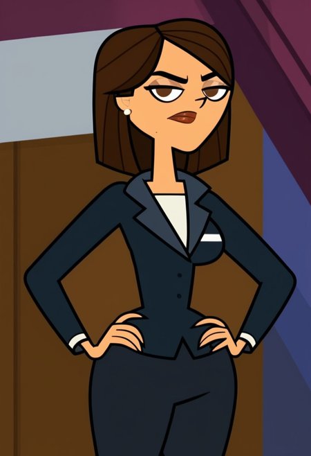 ((room background)),score_9, score_8_up, score_7_up,score_6_up, 
1girl, solo, Amelie_DC, medium tan skin, brown eyes, dark brown hair, medium straight hair, hairstyle bob cut, white pearl earrings, dark blue female business jacket, white undershirt, dark blue female business pants, black high-heels, big eyes, cute, tall stature, perfect eyes, perfect serious, looking at the viewer, detailed eyes, perfect eyes, standing, big breasts (front pose, bust shot) five fingers, perfect hands, hands on hips