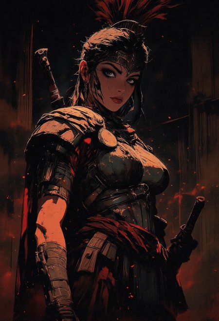Female Roman soldier, Revenant, war paint, face paint, eye black, glowing eyes, in profile, toned arms, braided hair, battle damaged armor, big breasts, breast plate, breasts, dark and moody background, adds a dramatic tone, subtle lighting reflections, ray traced, foreshortening, particle effect, Holding a sword,