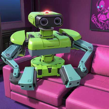 <lora:ROBXL:0.7> shiny neon Green robot robxl, Microsoft Xbox, on dark pink couch, (anime, masterpiece, intricate:1.3), (best quality, hires textures, high detail:1.2), (4k),(incredibly detailed:1.4),UHD, 8K, ultra detailed
