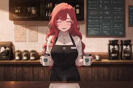 masterpiece, score_9, score_8_up, score_7_up, highly detailed, ultra-detailed, cinematic lighting, soft warm glow, cozy atmosphere,  
1futa, long red hair, vibrant red hair, wavy hair, nose piercing, ear piercings, silver jewelry, barista, coffee shop worker, wearing apron, stylish casual outfit, warm smile, friendly expression, black nail polish, black lipstick, blushing,
behind the counter, holding a coffee cup, steaming coffee, rustic wooden counter, espresso machine, chalkboard menu in the background, café ambiance, soft blurred background, warm color palette, inviting atmosphere, <lora:DownbulgeIL:0.6> ,down_bulge,  <lora:Kamuo:1>, Kamuoo,  <lora:NOOB_vp1_detailer_by_volnovik_v1:1>, <lora:add-detail-xl:1> ,<lora:SkindentationIL3.4_alpha16.0_rank32_full_400steps:3>,