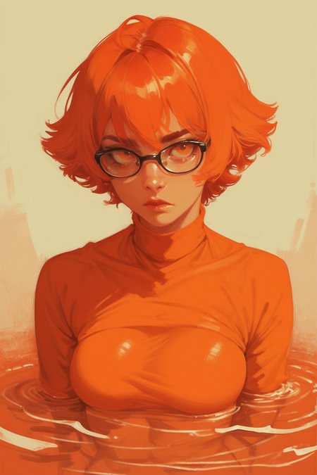 orange hair, orange eyes, orange theme, orange clothes, very short hair , drill hair , perky breasts , _, expressionless, glasses, water, partially submerged, zPDXL3, detailxl,  Score_PnyReal, (lineless:1.5)