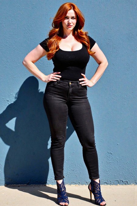 The image captures a woman standing confidently against a textured blue wall. The scene is brightly lit, suggesting it might be daytime with natural sunlight casting soft shadows on the wall and floor.### Detailed Description:#### Woman:- **Facial Features**: She has a chiseled jawline and a strong nose, indicating she may have a strong, independent personality.- **Hair**: Her long red hair cascades down her back, styled straight with a slight wave. It adds vibrancy and contrast to the otherwise neutral tones of the scene.- **Body Shape**: She appears to have a fitted and toned physique, with a lean and athletic build.- **Bust Size**: The image shows her large natural bust, emphasizing a youthful, curvy figure.- **Pose**: She stands with her hands on her hips, exuding confidence and a sense of readiness. Her posture is upright, suggesting self-assurance.- **Skin Tone**: Her skin has a fair complexion with a slight rosacea, adding character and depth to her appearance.- **Expression**: Her expression is neutral yet slightly serious, hinting at contemplation or determination.#### Clothes:- She is wearing a fitted black shirt- **Bottoms**: She pairs the top with black, high-waisted skinny jeans that hug her legs closely, accentuating her slender figure.- **Footwear**: Her footwear is distinctive; she dons navy blue peep-toe high-heeled booties with intricate lace detailing around the toes and heels, adding a touch of elegance to her casual attire.#### Environment:- **Background**: The wall is simple and unadorned, providing a clean backdrop that draws attention to the subject.- **Lighting**: The lighting is even and bright, possibly due to direct sunlight, highlighting the subject's features and clothing without harsh shadows or overly dramatic contrasts.- **Camera Angle**: The photograph is taken from a frontal perspective, capturing the full length of the woman's body. The angle emphasizes her posture and attire while also allowing for a clear view of the background elements.Overall, the image conveys a sense of individuality and style, with the subjectâs confident stance and carefully chosen outfit standing out against the minimalistic setting. The composition is balanced, ensuring the focus remains on the woman while still including enough context to understand the environment. The style is straightforward but stylish, with a focus on the subject's fashion choices and confident demeanor.   <lora:Christina_Hendricks_Flux:1.0>