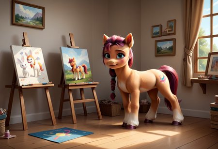 score_9, score_8_up, score_7_up, score_6_up, score_5_up, score_4_up, sunny starscout,
 earth pony, pegasus pony, g5, inside, rich colors, artist workshop, presents a painting of rabbits, aroused, front view, detailed background, pony, solo, detailed, 8k quality, side view, beautiful, teasing, easel and brushes, leaned to the floor, close up,