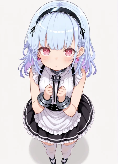 <lora:dido_IL_v1.0:1>,dido \(azur lane\),maid,earrings,white thighhighs,aged down,from above,looking at viewer,(puddinghomhom:0.7),, masterpiece,best quality,