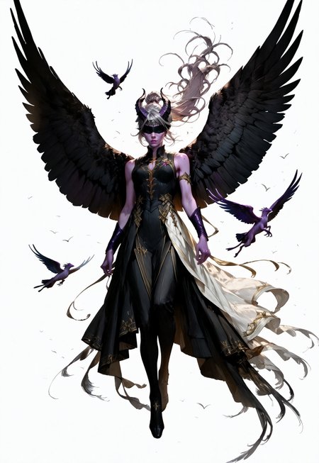 (absurdres, best quality, masterpiece:1.4), 
score_9, score_8_up, score_7_up, score_6_up, 
detailed, 
detailed body, 
detailed face, 
(((smooth skin, unbroken skin, detailed skin))), 
fantasy, 
alone, 

female, 
tiefling, 
h0rns, 
ram horns, 
black horns, 
tall, 
((((purple skin)))), 
((long grey hair, ponytail)), 
(((wingsd, black wings))),

floating, flying, hovering, weightless, 

(white robe, sleeveless, 
blindfold, black cloth blindfold), 

(((white background, plain background))), 
full body, 
front view, 