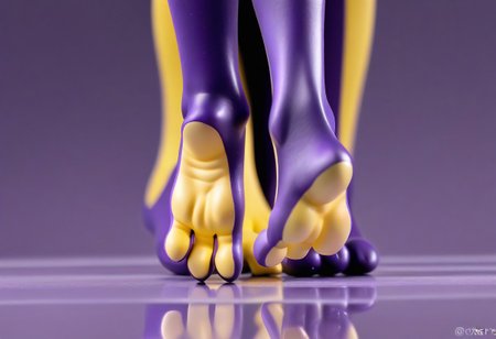 tox_amped, barefoot, purple feet, yellow soles, 3 toes, standing, foot focus, close-up