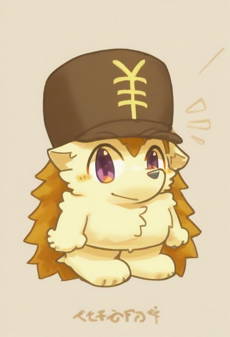 score_9, score_8_up, score_7_up, score_6_up, furry, conswayo_, cute style, cute, 2d, simple background, solo, kemono, hedgehog, hat with yen sign, male, full body, solo, male focus